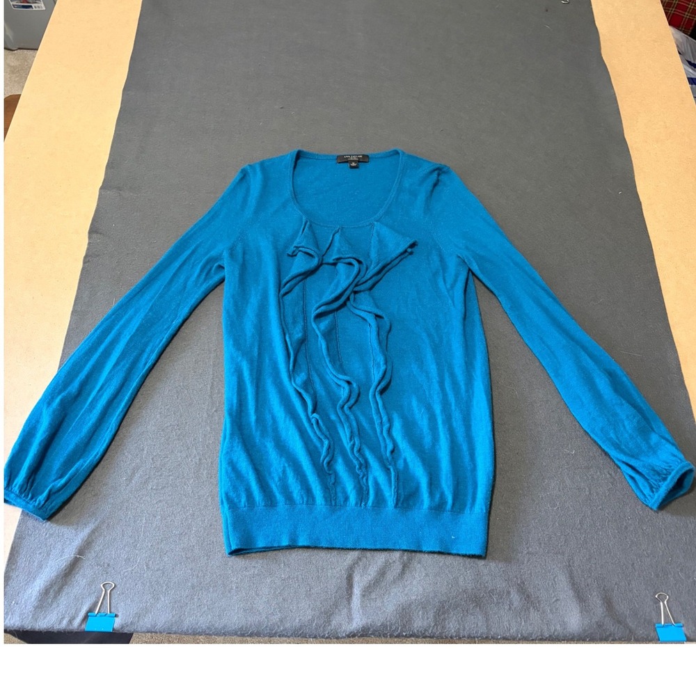 Ann Taylor Ruffle Cashmere Sweater Womens M Blue Preppy Colorful Core Fall